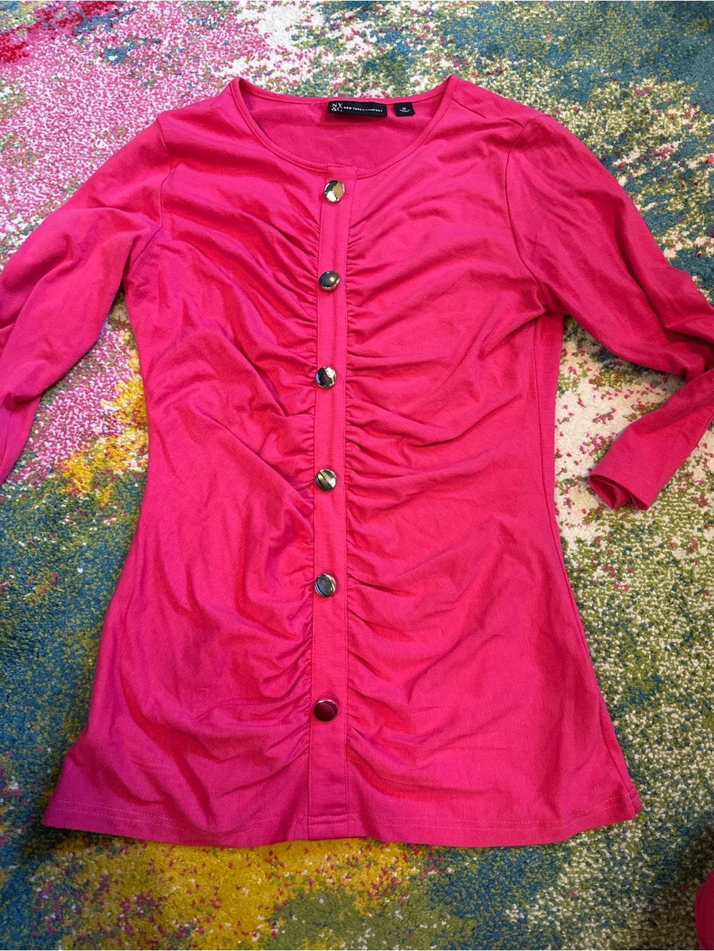 New York & Company Hot Pink Ruched Button-Front Top